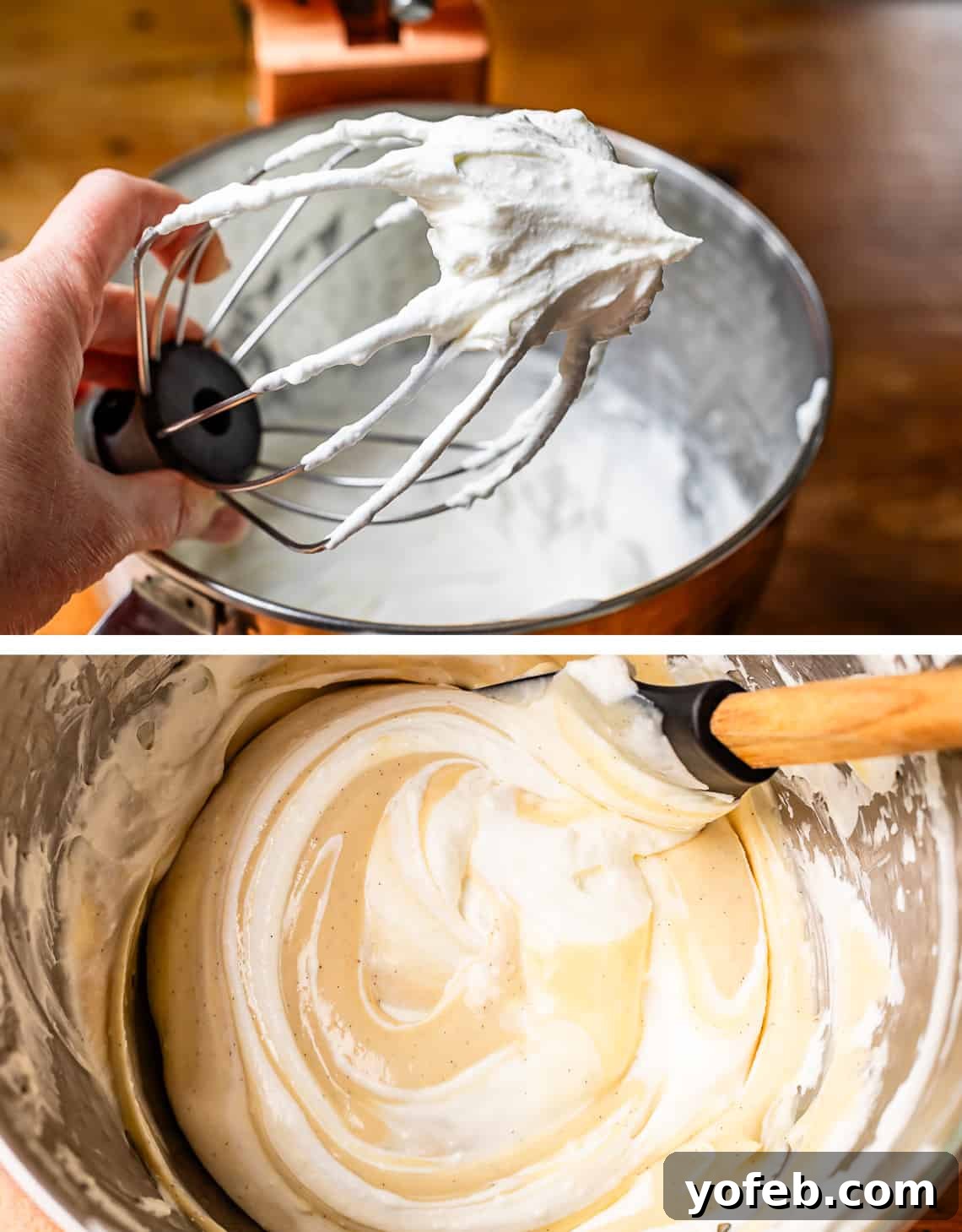 Luscious Caramel Swirled Coconut Cream Pie 17 top stiff whipped cream on beater, bottom folding coconut custard into whipped cream.