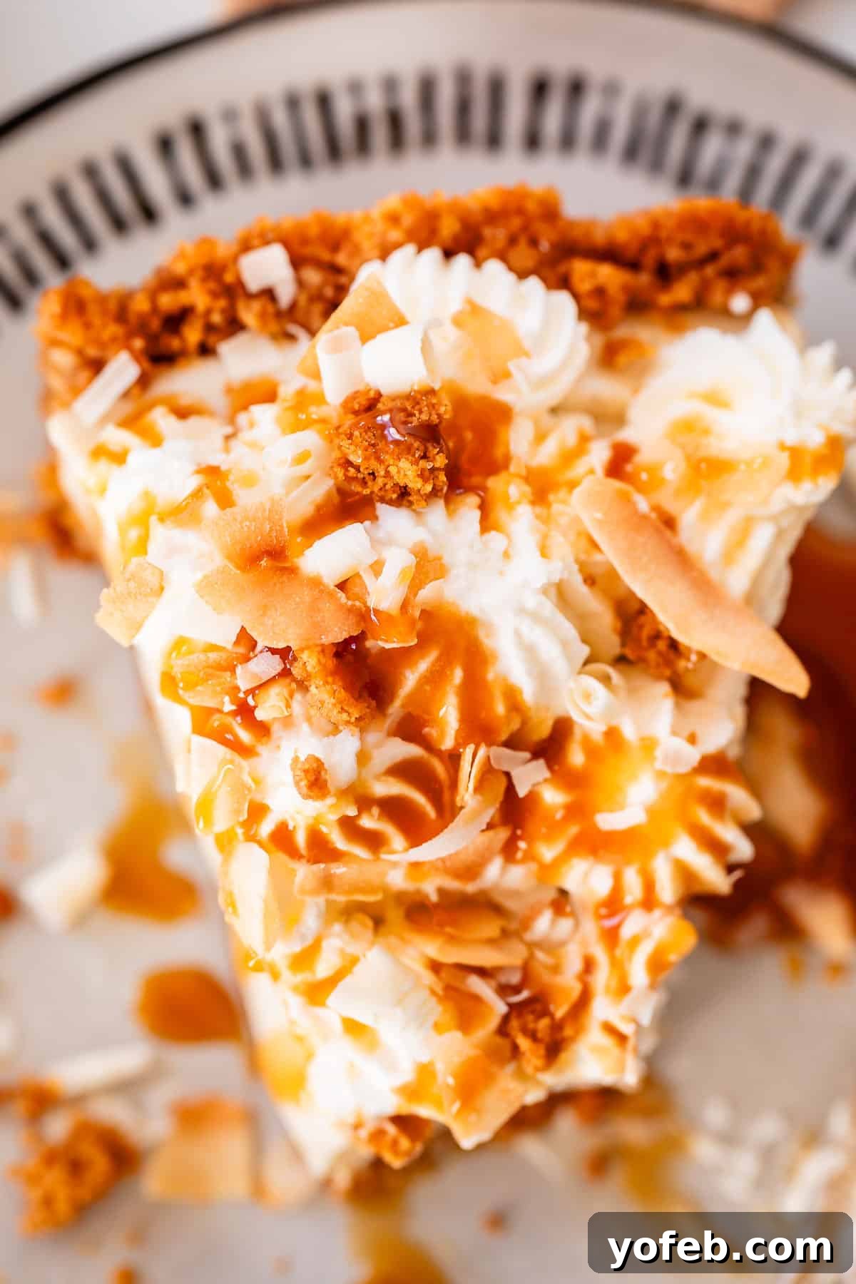 Luscious Caramel Swirled Coconut Cream Pie 26 overhead shot of a slice of coconut cream pie with toasted coconut and caramel drizzle.