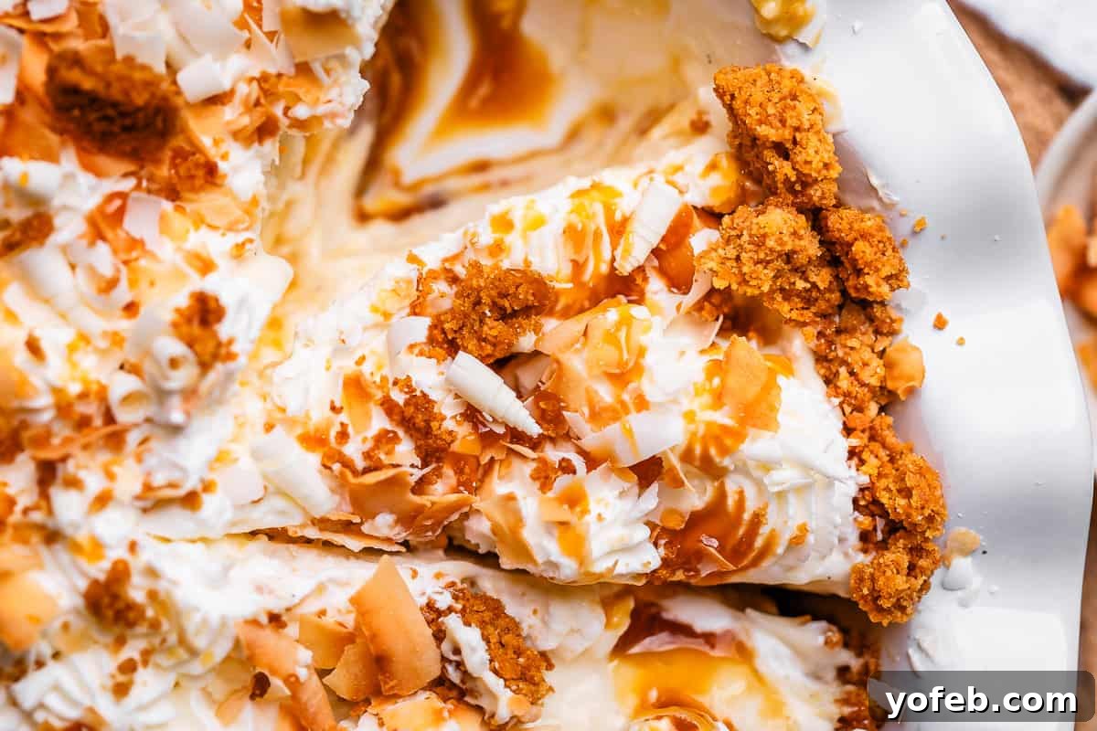 Luscious Caramel Swirled Coconut Cream Pie 6 slice of easy coconut cream pie in a white pan and graham crust.