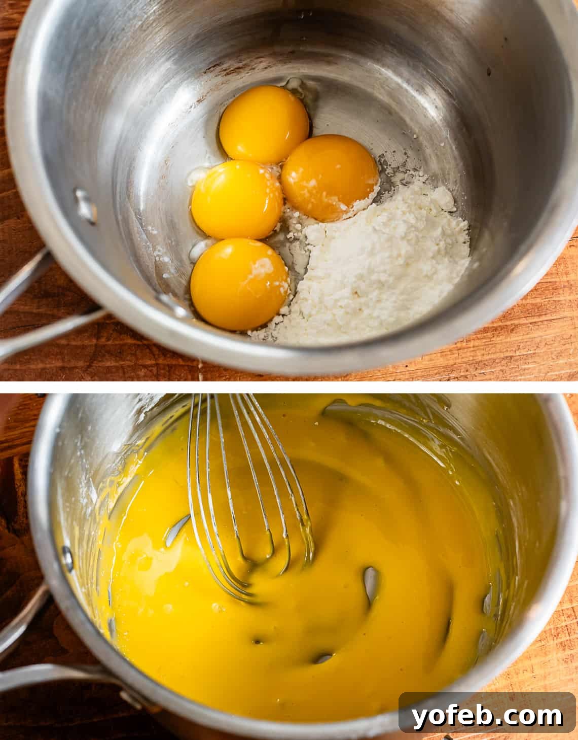Luscious Caramel Swirled Coconut Cream Pie 8 top eggs and cornstarch in a metal pot, bottom the two whisked together.
