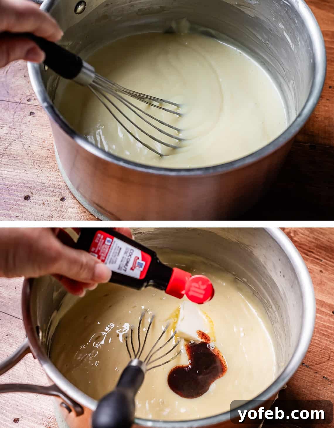 Luscious Caramel Swirled Coconut Cream Pie 9 whisking coconut custard in a pot, then adding coconut extract.