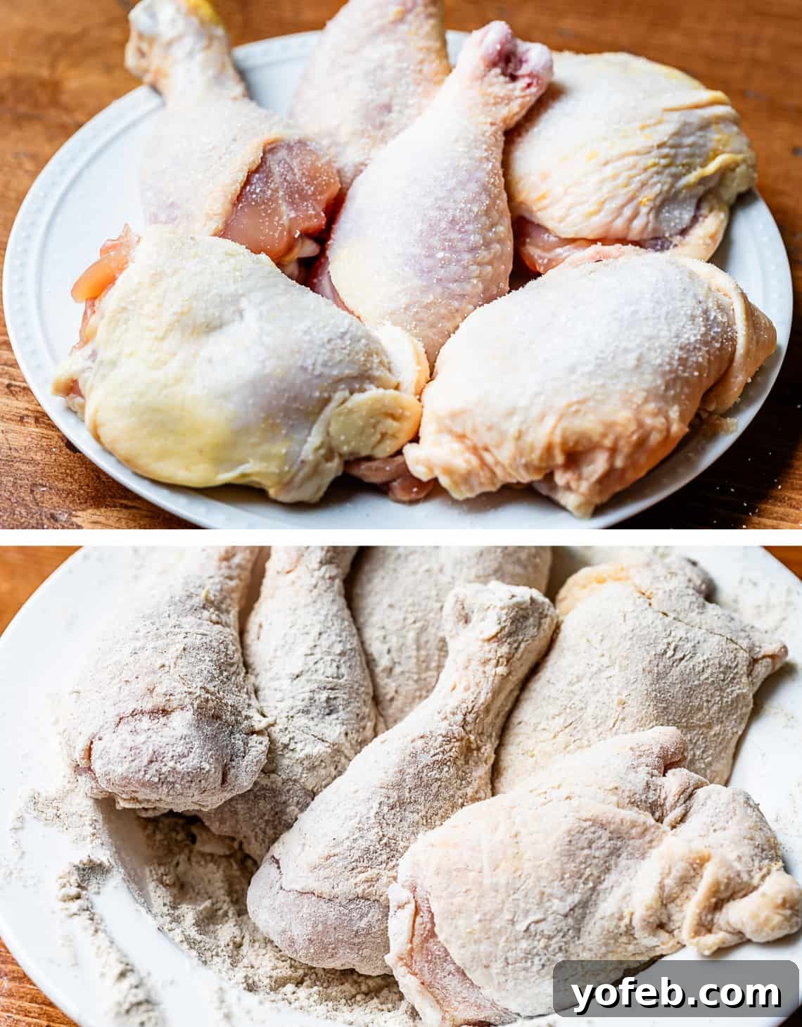 Grandma Georgia's Homestyle Chicken and Rice Bake 11 Before and after comparison of chicken pieces: top shows raw bone-in chicken, bottom shows the same chicken pieces expertly dredged in a seasoned flour mixture, ready for searing.