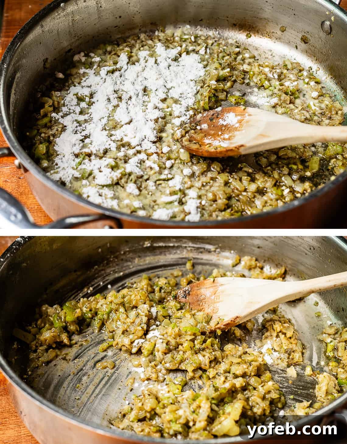 Grandma Georgia's Homestyle Chicken and Rice Bake 14 Two images side-by-side demonstrating the white sauce preparation: top shows flour being added to sautéed onions and celery in a skillet; bottom shows the flour fully mixed in, coating the vegetables to form a roux.