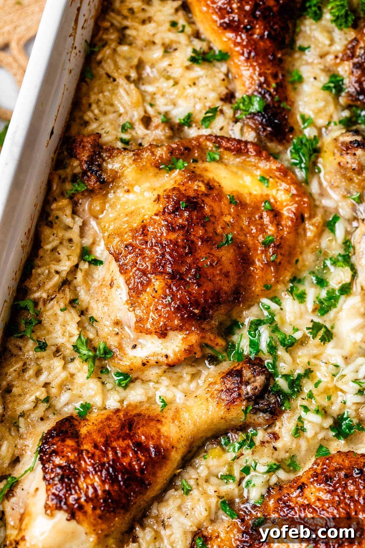 Grandma Georgia's Homestyle Chicken and Rice Bake 21 A full casserole dish with golden-brown chicken pieces nestled among creamy, perfectly cooked rice, ready to be served as a comforting family meal.