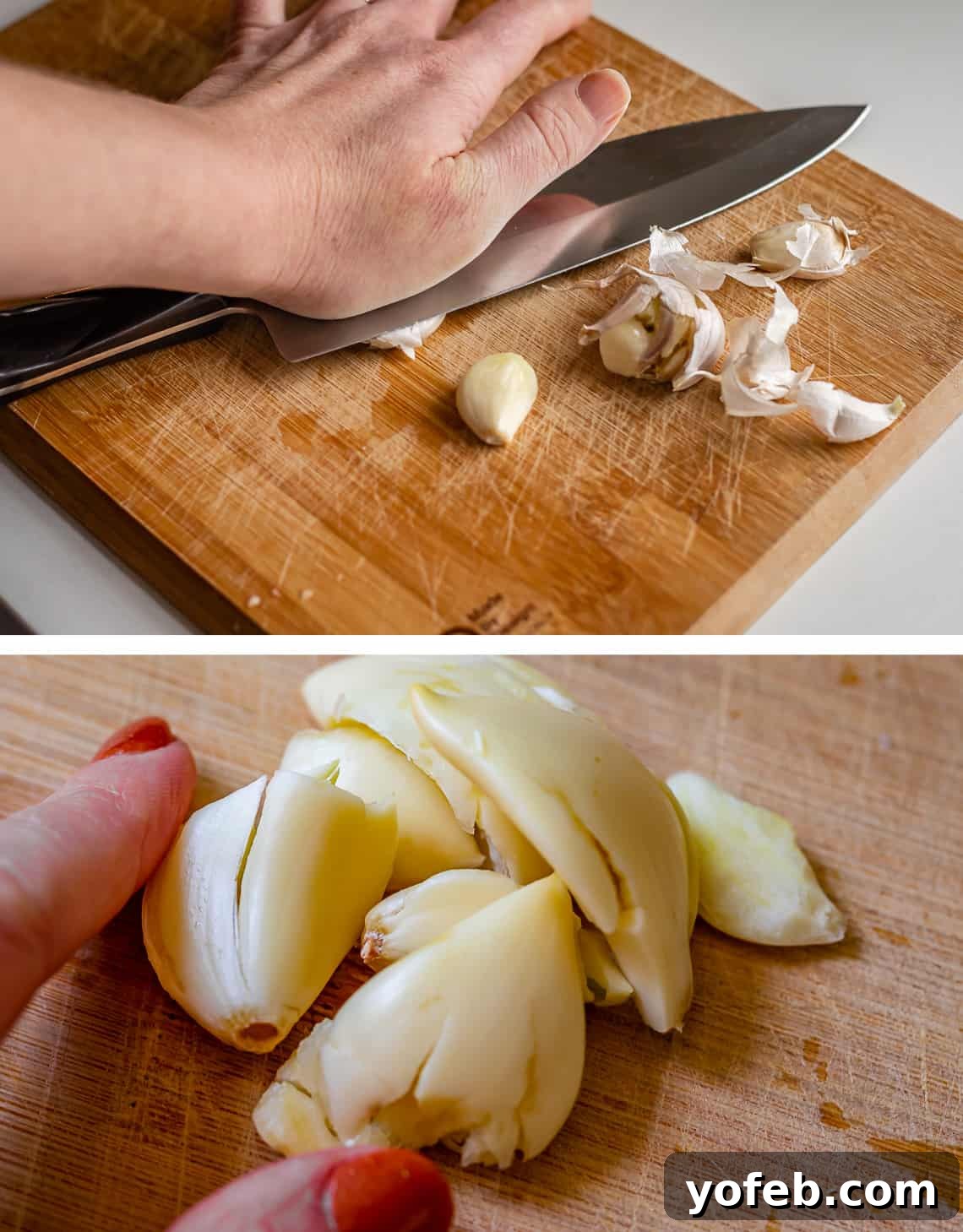 Easy 30-Minute Korean Beef 8 A close-up shot of a chef's knife expertly smashing garlic cloves on a wooden cutting board, with peeled, smashed garlic cloves shown below.