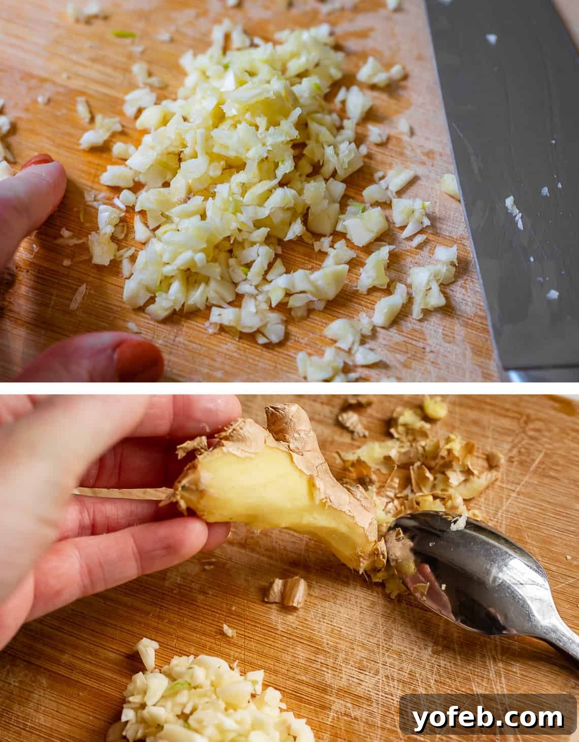 Easy 30-Minute Korean Beef 9 A two-part image: top shows minced garlic on a wooden chopping board, bottom shows fingers peeling fresh ginger with a spoon.