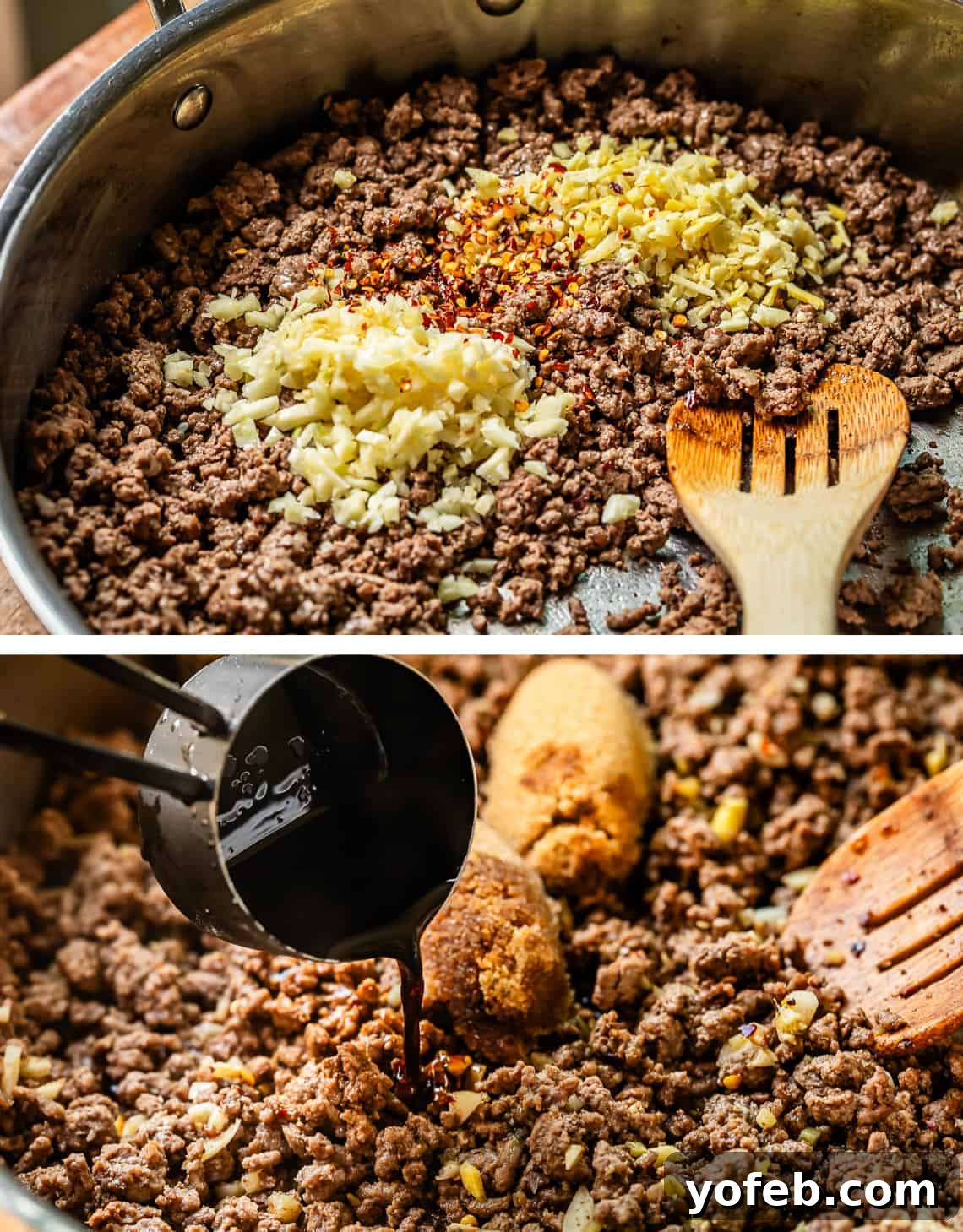 Easy 30-Minute Korean Beef 10 A two-part image: top shows minced ginger and garlic on top of cooked ground beef in a skillet, bottom shows a hand pouring soy sauce into the mixture.