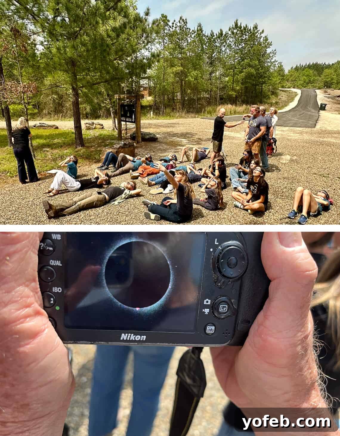 The Ultimate Green Goddess Salad 3 people laying down on gravel watching the sky, close up of a camera with a picture of a total eclipse.
