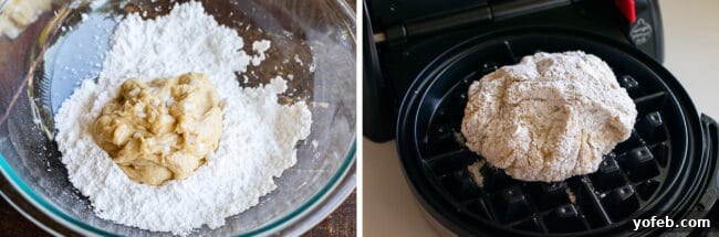 Preparing Liege Waffles for Cooking A two-part image showing Liege waffle dough. On the left, a ball of dough is coated in powdered sugar. On the right, the sugar-coated dough is placed into a hot waffle iron.