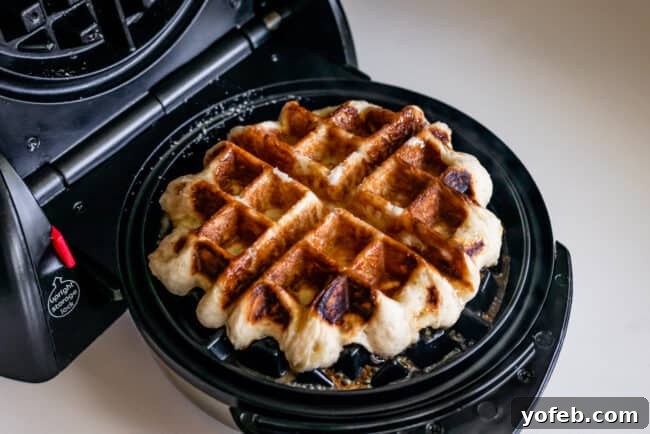 Liege Waffle in Waffle Iron A Liege waffle cooking in a Belgian waffle iron, with steam rising and its golden-brown surface indicating readiness.