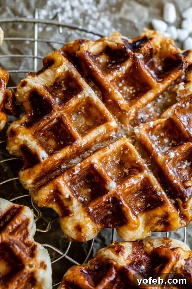 Homemade Liege Waffles Cooling Several freshly cooked Liege waffles cooling on a wire rack, showcasing their golden-brown color and irregular, sugary texture.