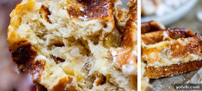 Texture of Liege Waffles with Pearl Sugar Close-up images of torn Liege waffles, revealing the soft, yeasty interior on the left and a prominent chunk of pearl sugar nestled within on the right.
