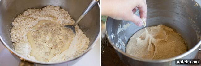 Mixing Liege Waffle Dough Waffle batter being mixed in a stand mixer bowl with a dough hook, showing the rich, thick consistency.