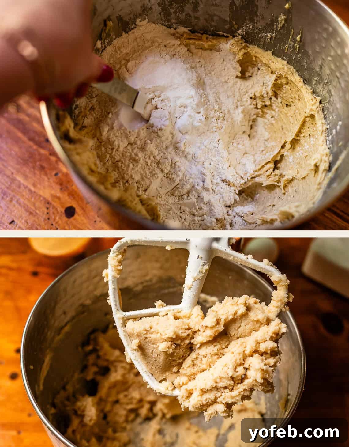No Roll Chewy Sugar Cookies 30 Minute Recipe 12 Top image: Mixing flour into cookie dough with a spoon. Bottom image: The finished cookie dough on a mixer paddle, perfectly blended.