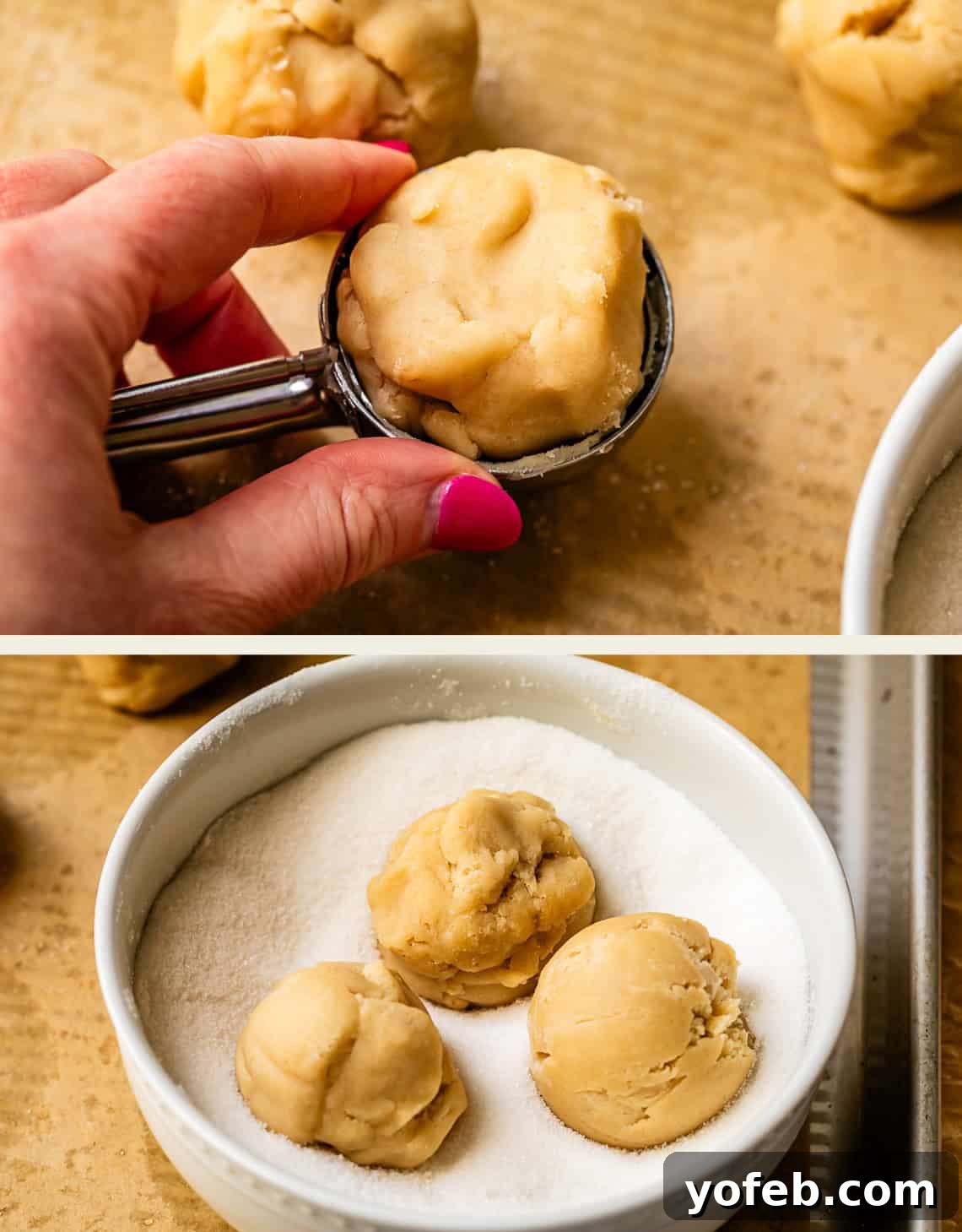 No Roll Chewy Sugar Cookies 30 Minute Recipe 13 Top image: A hand holding a cookie scoop filled with dough. Bottom image: Three dough balls coated in granulated sugar in a bowl.
