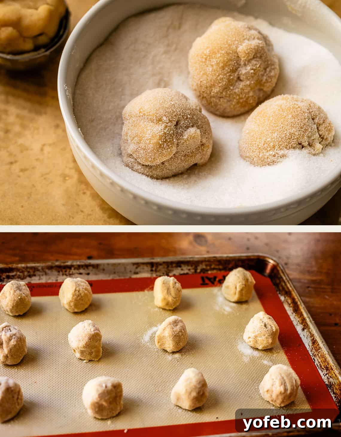 No Roll Chewy Sugar Cookies 30 Minute Recipe 14 Top image: Three sugared dough balls on a baking sheet. Bottom image: Sugared dough balls neatly lined up on a cookie sheet, ready for baking.