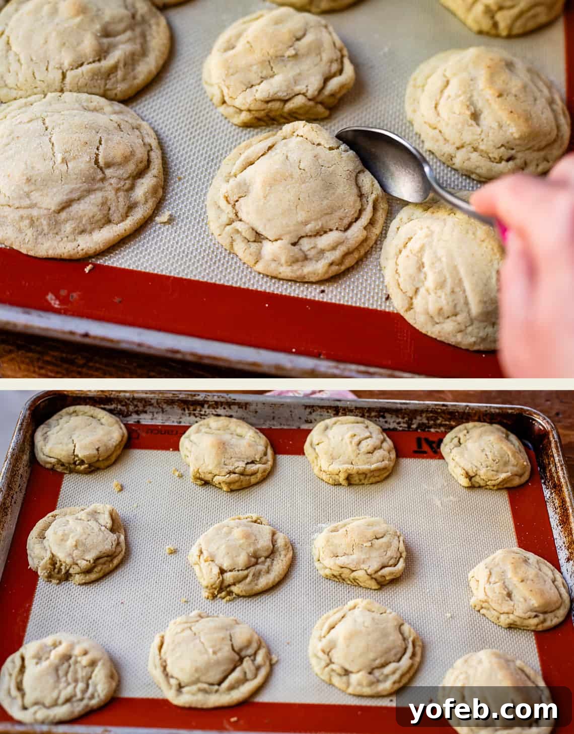 No Roll Chewy Sugar Cookies 30 Minute Recipe 16 Top image: A hand using a spoon to shape a hot cookie. Bottom image: A pan with all the baked cookies now shaped and crinkled.