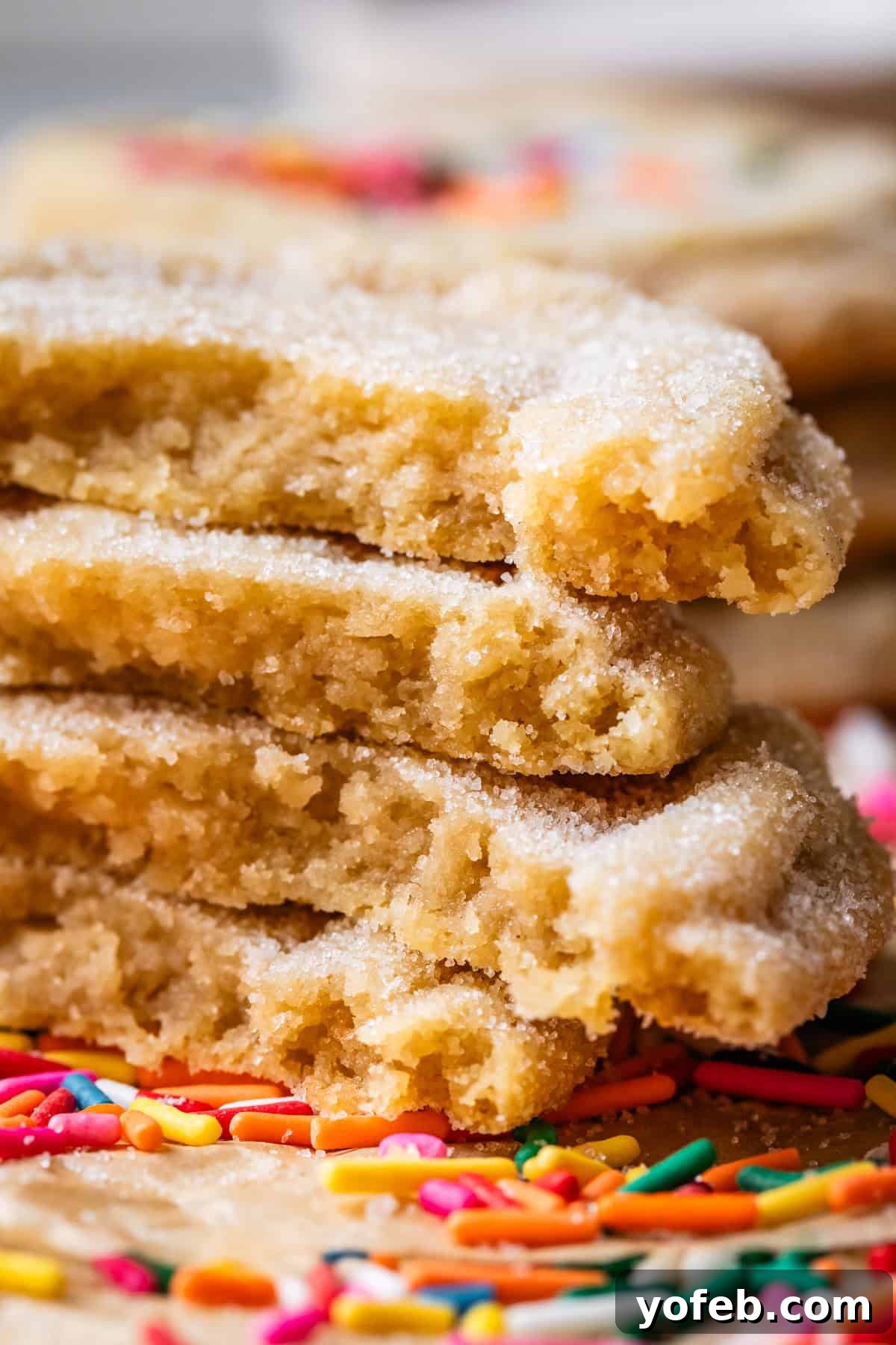 No Roll Chewy Sugar Cookies 30 Minute Recipe 4 Four stacked drop sugar cookies, broken in half to reveal their tender, soft interior texture.
