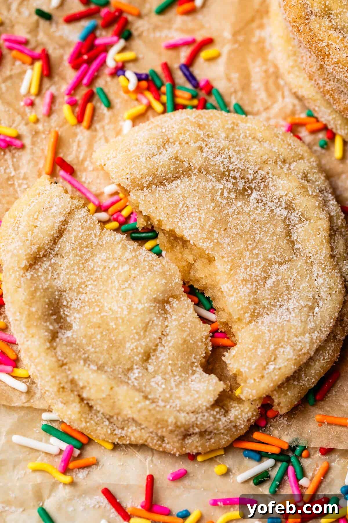 No Roll Chewy Sugar Cookies 30 Minute Recipe 5 A broken drop sugar cookie with a sprinkle of colorful sprinkles on parchment paper.