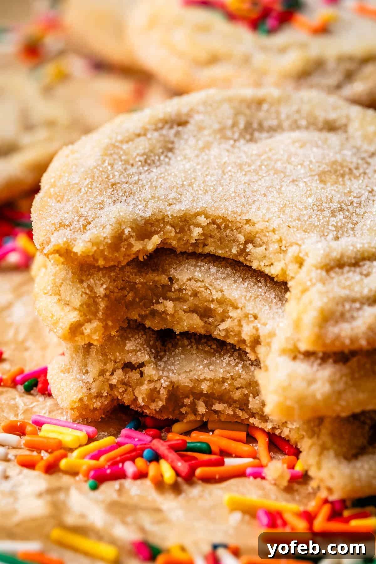 No Roll Chewy Sugar Cookies 30 Minute Recipe 7 Three stacked sugar cookies, one with a bite taken out, resting on a bed of sprinkles.