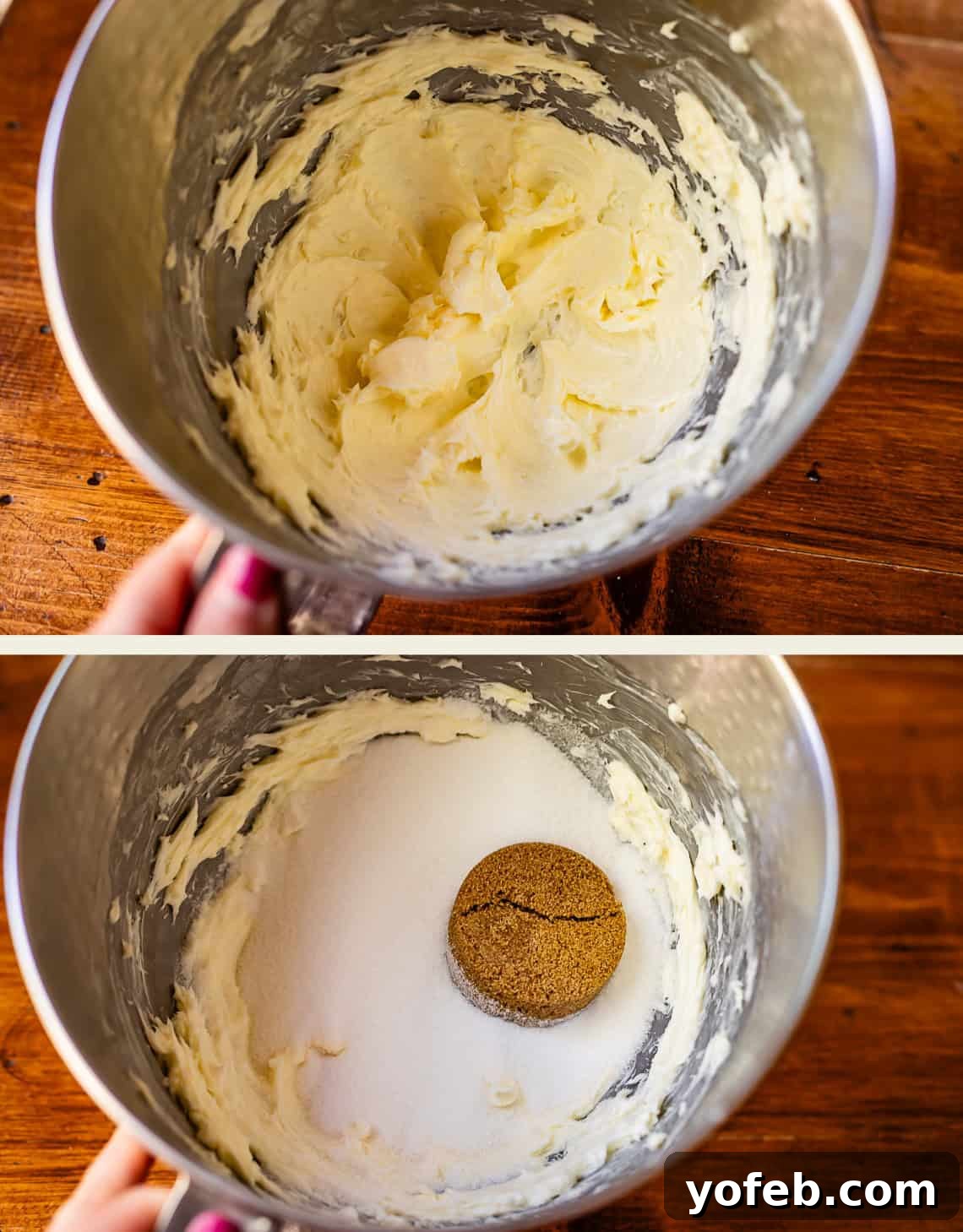 No Roll Chewy Sugar Cookies 30 Minute Recipe 9 Top image: Creamed butter in a metal mixing bowl. Bottom image: White and brown sugar added on top of the creamed butter.
