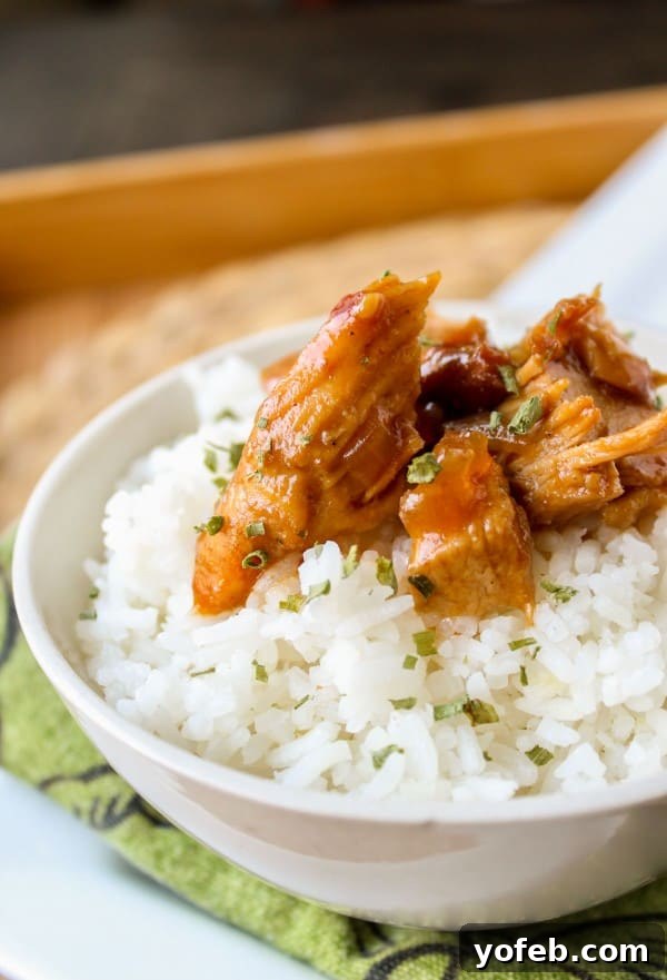 Crockpot Teriyaki Chicken and Rice Bowls 5 A serving of Teriyaki Chicken Rice Bowls, garnished with green onions and sesame seeds, ready to eat.