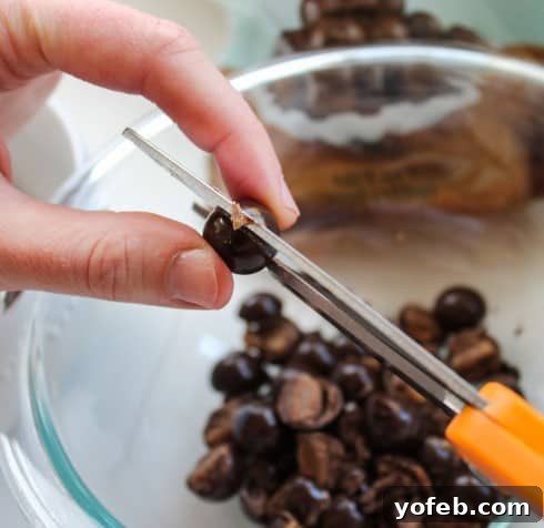Decadent Caramel Butterscotch Cookies 11 Sniping chocolate covered brown butter sea salt caramels in half with kitchen scissors, demonstrating preparation for adding to cookie dough.