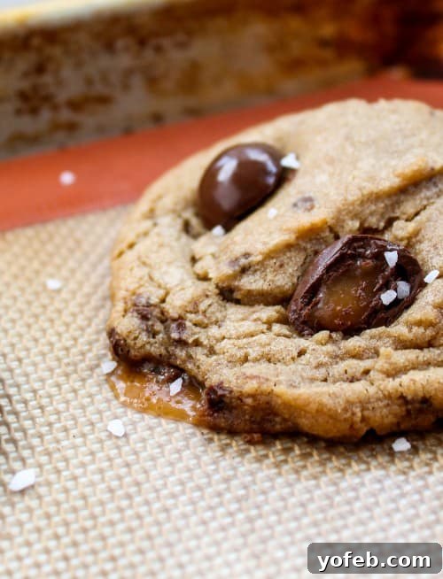 Decadent Caramel Butterscotch Cookies 14 A butterscotch caramel cookie on a silicone baking mat, with caramel gently melting out from the side, a common occurrence if not patched.