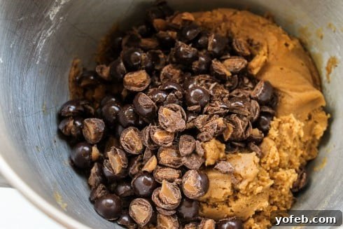 Decadent Caramel Butterscotch Cookies 7 Mixing chopped chocolate-covered sea salt butterscotch caramels into the rich, tender brown butter cookie dough in a large bowl, ready for baking.