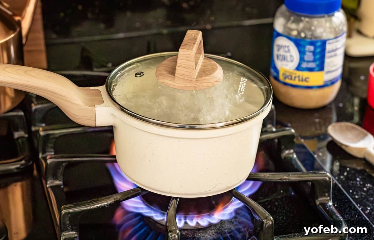 Perfect Stovetop Rice Every Time 10 White pot of rice boiling vigorously on the stove with the lid securely in place, indicating it's time to reduce heat.