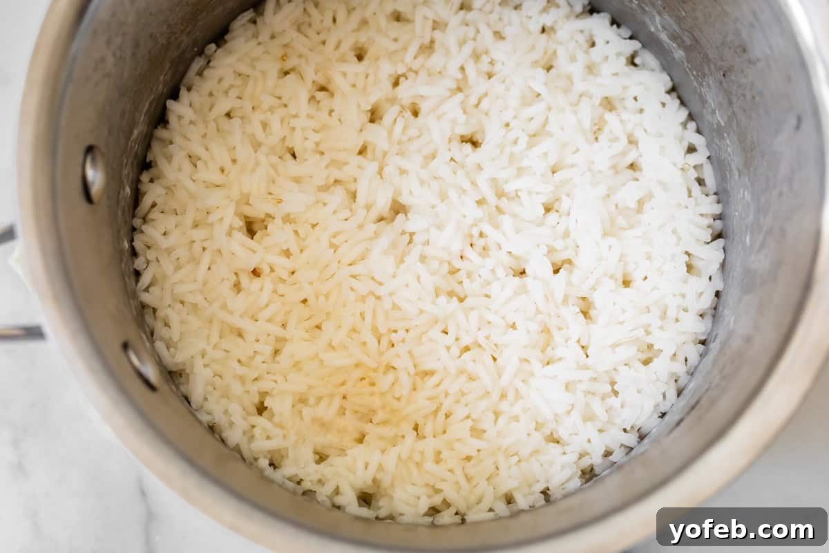 Perfect Stovetop Rice Every Time 11 Cooked rice, unfluffed, resting in a pot after the stovetop cooking and steaming process, ready for fluffing.