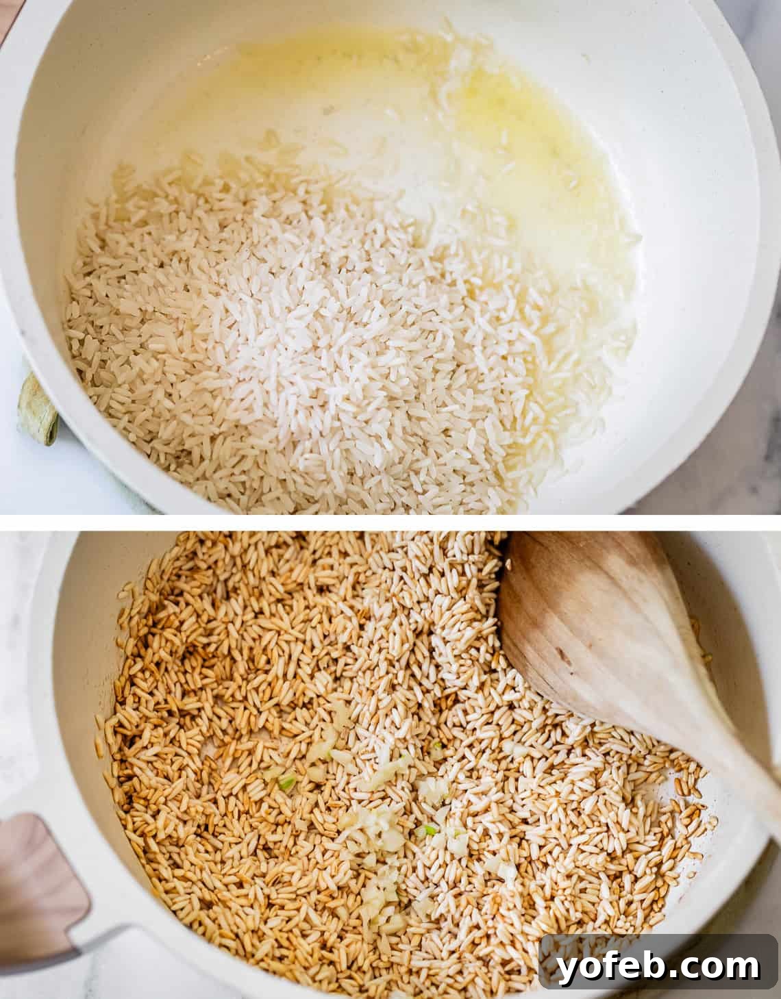 Perfect Stovetop Rice Every Time 14 Before and after comparison of rice cooking on the stove, showing dry rice and then beautifully browned, toasted rice with butter.