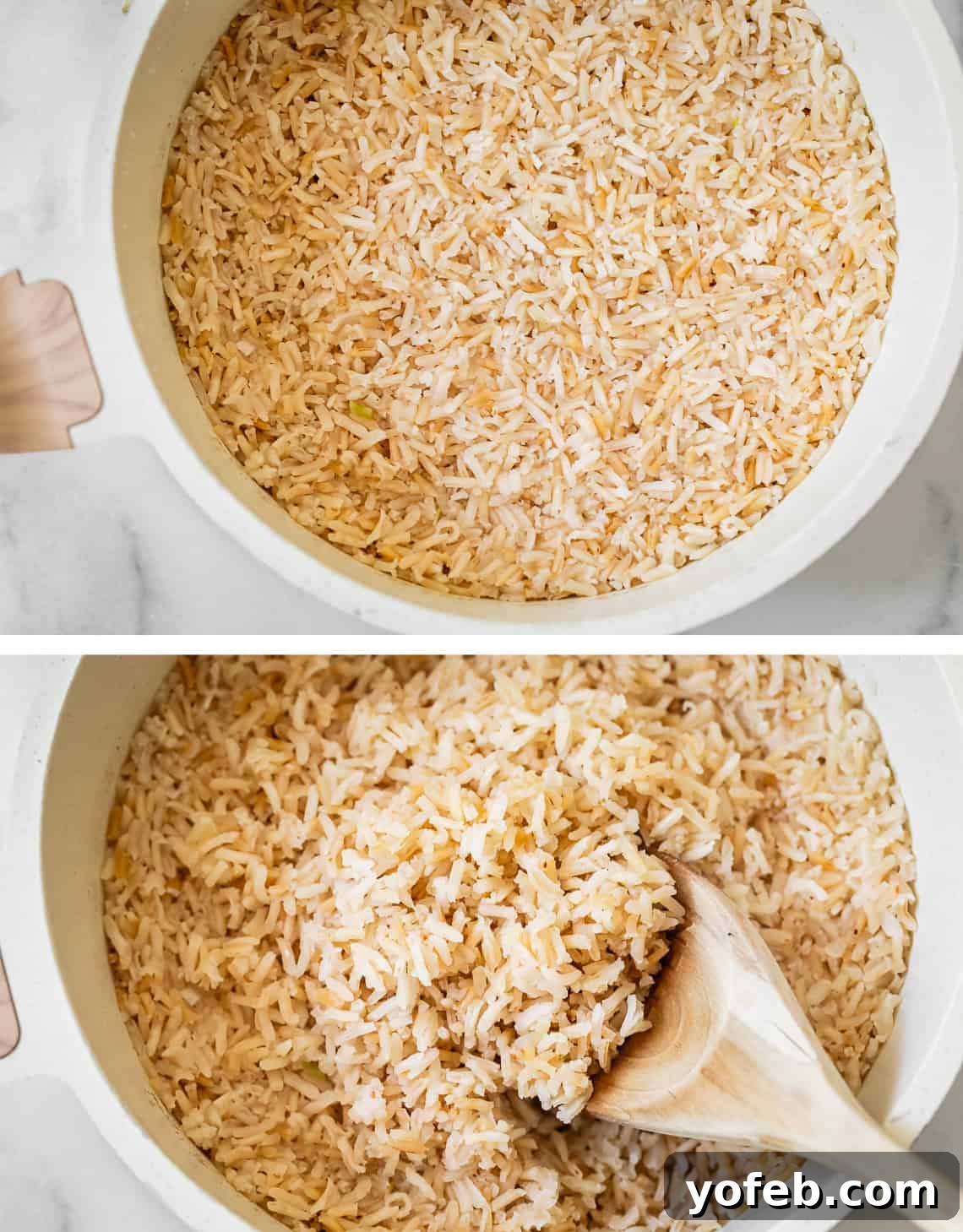 Perfect Stovetop Rice Every Time 15 Freshly cooked, toasted rice in a stove, capturing its golden-brown hue and rich aroma, ready to be served with a wooden spoon.