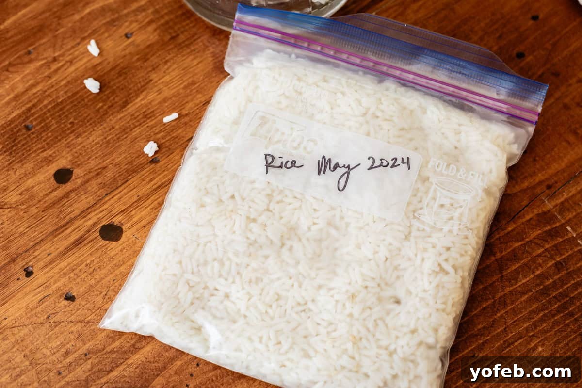 Perfect Stovetop Rice Every Time 17 A labeled ziplock bag filled with perfectly cooked white rice, ready for storage in the freezer or fridge, with the date clearly marked.