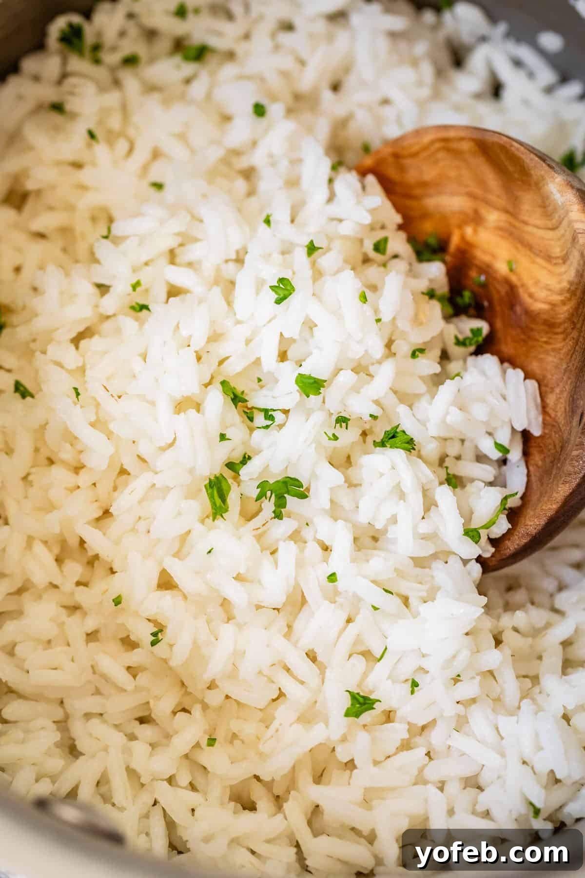 Perfect Stovetop Rice Every Time 19 Close up of fluffy basmati white rice in a metal pot, illustrating perfect stovetop cooking results.