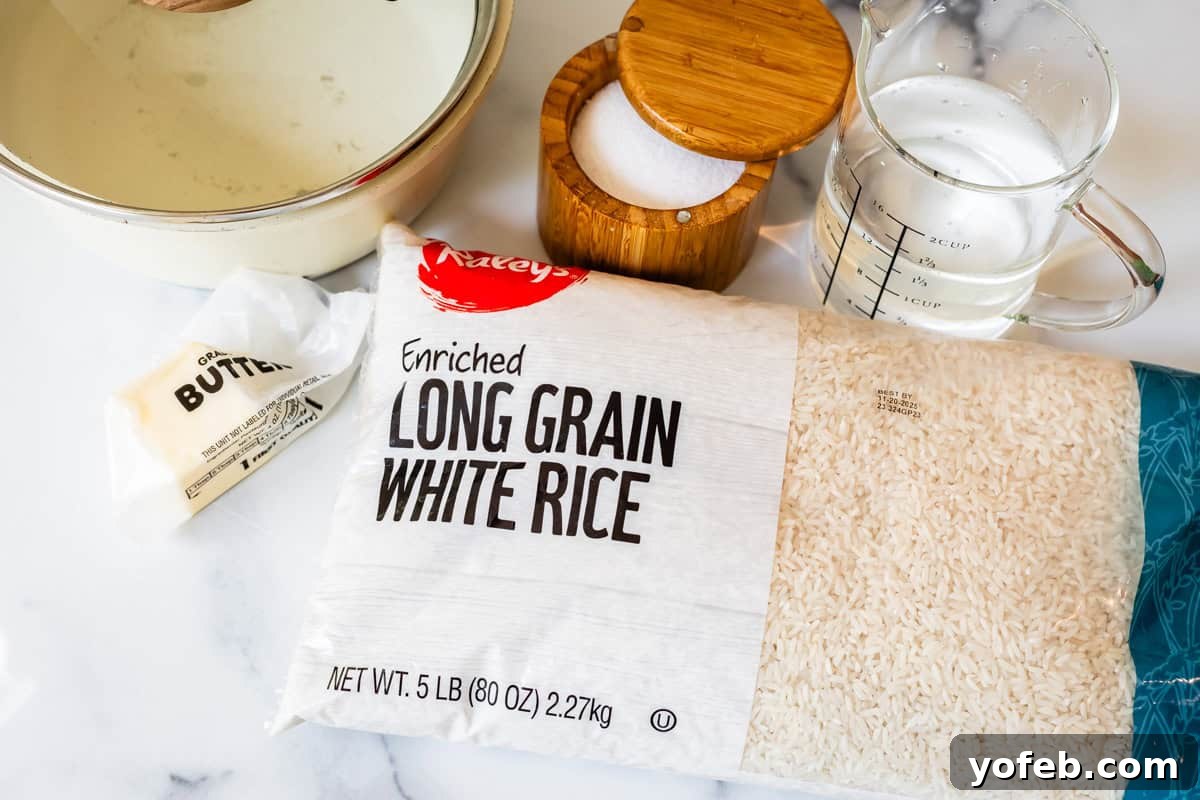Perfect Stovetop Rice Every Time 7 Ingredients for how to cook perfect rice on the stove: long grain white rice, rich butter, kosher salt, and fresh water.