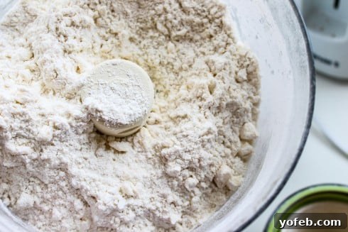Cold butter and flour mixture for the tart shell in a food processor, showing pea-sized butter chunks.