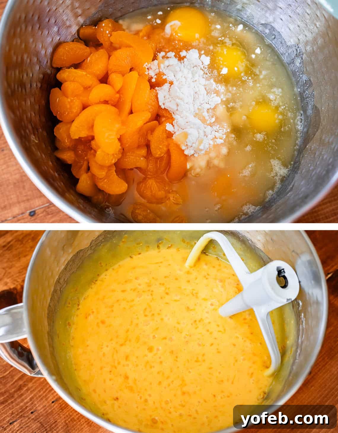 Golden Pineapple Mandarin Cake 10 top all cake ingredients in a metal mixing bowl, bottom, everything all mixed together.
