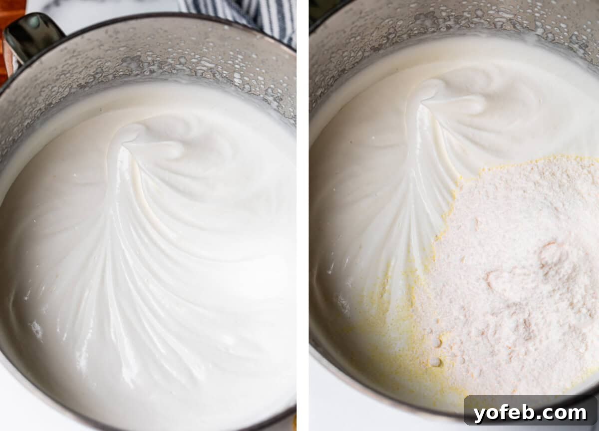 Golden Pineapple Mandarin Cake 13 left whipped cream whipped to soft peaks in metal mixing bowl, right pudding mix added to it.