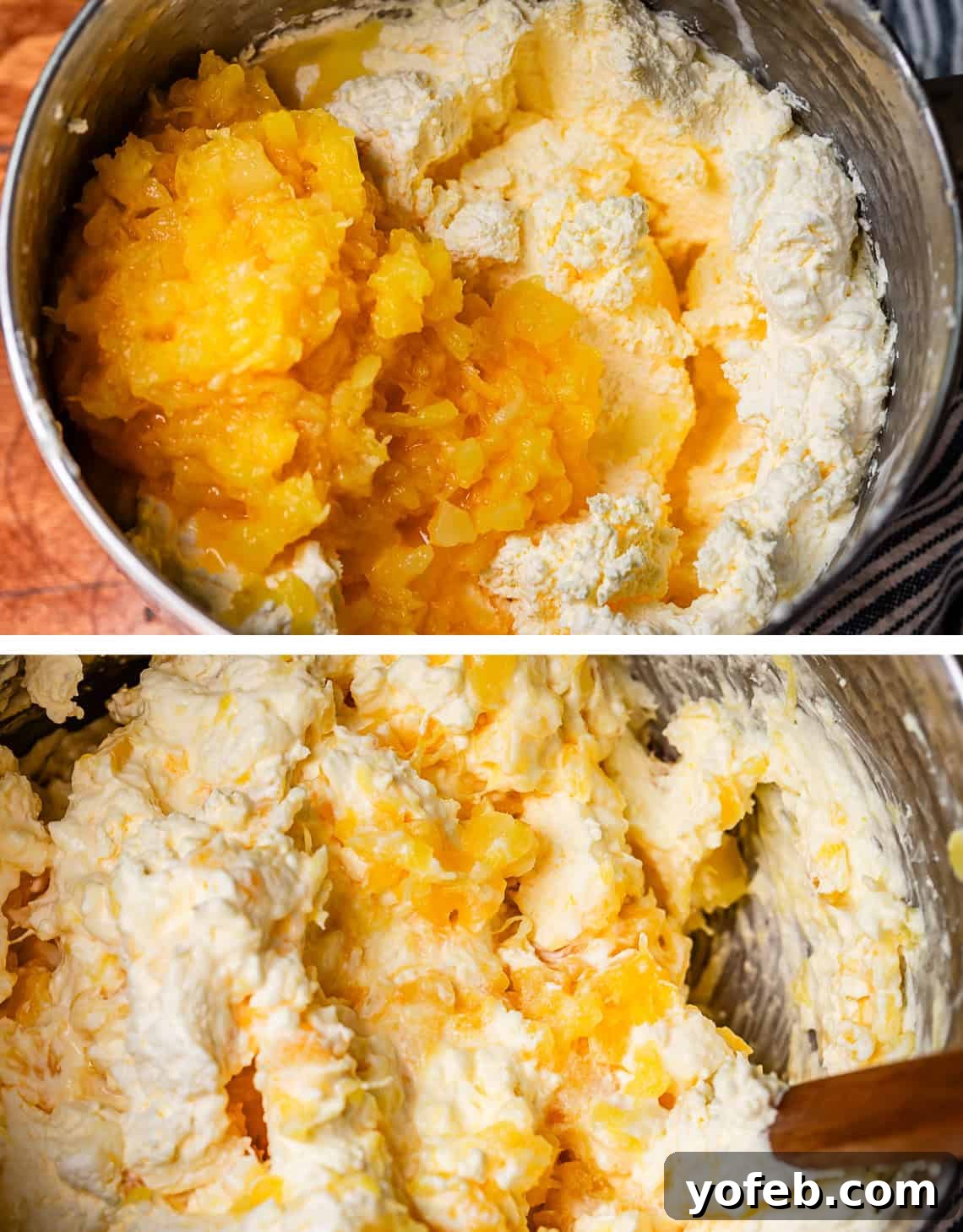 Golden Pineapple Mandarin Cake 14 top pineapple added to stabilized whipped cream, bottom pineapple all mixed in.