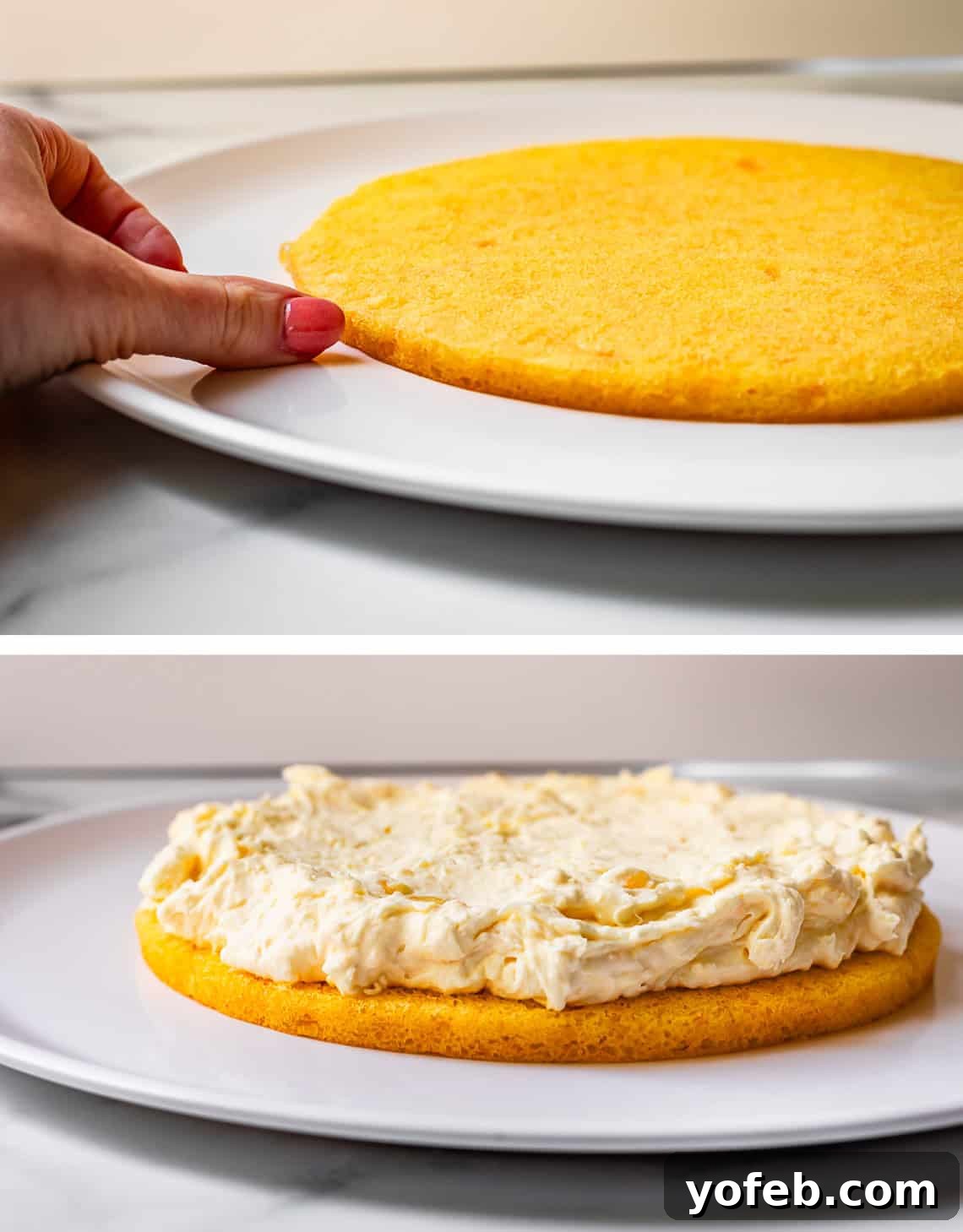 Golden Pineapple Mandarin Cake 15 top very thin cake layer on plate with thumb, bottom layer of pineapple whipped cream on the cake.