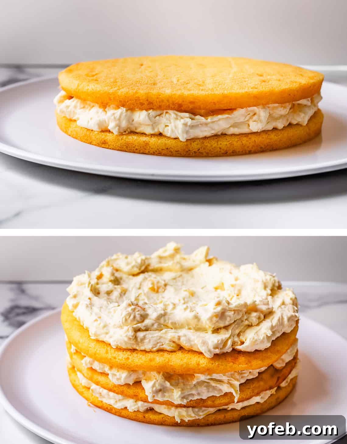 Golden Pineapple Mandarin Cake 16 top added second layer of cake, bottom layer third layer with cream added.