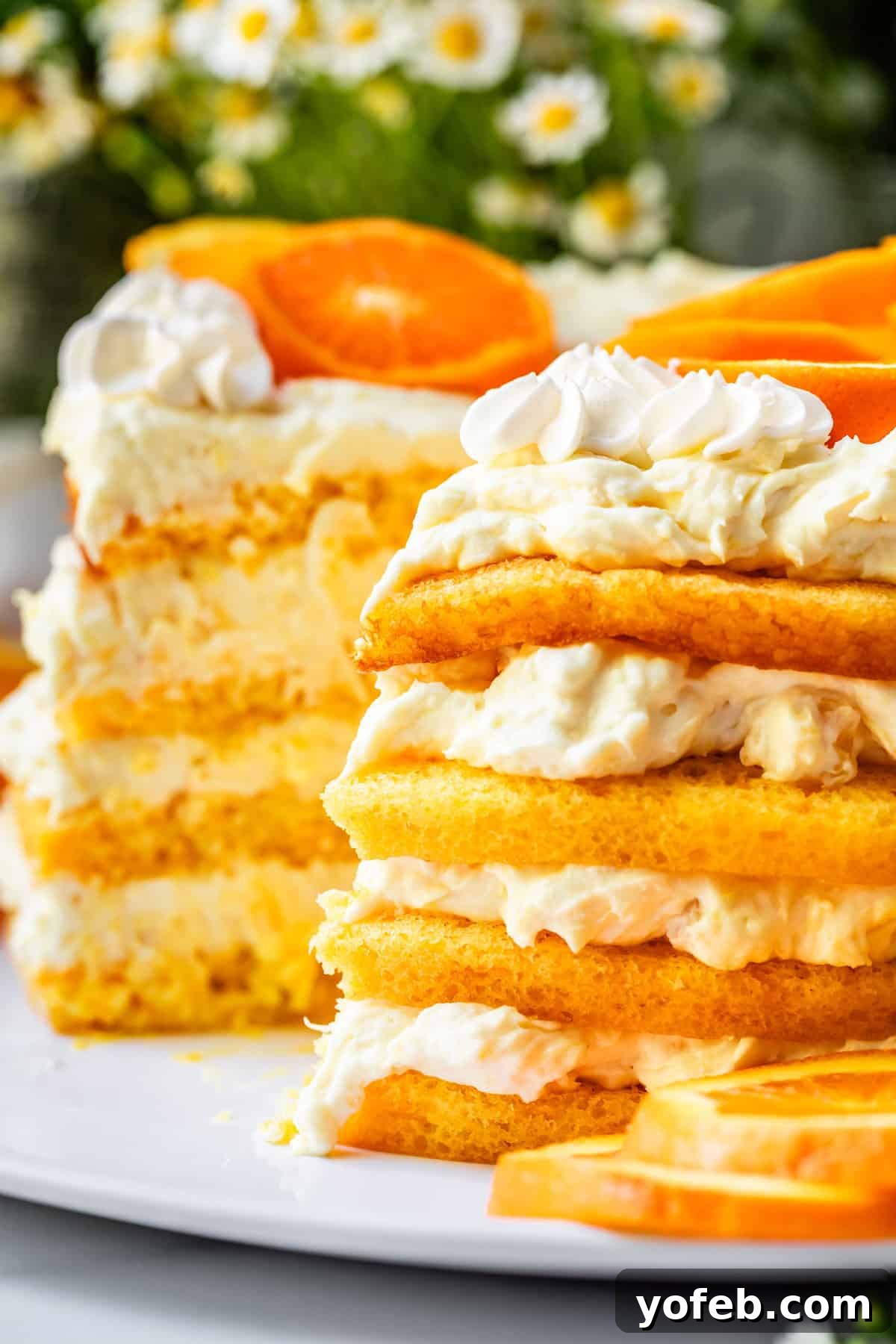 Golden Pineapple Mandarin Cake 3 side view of sunshine cake with exposed edges to see layers and a slice missing.