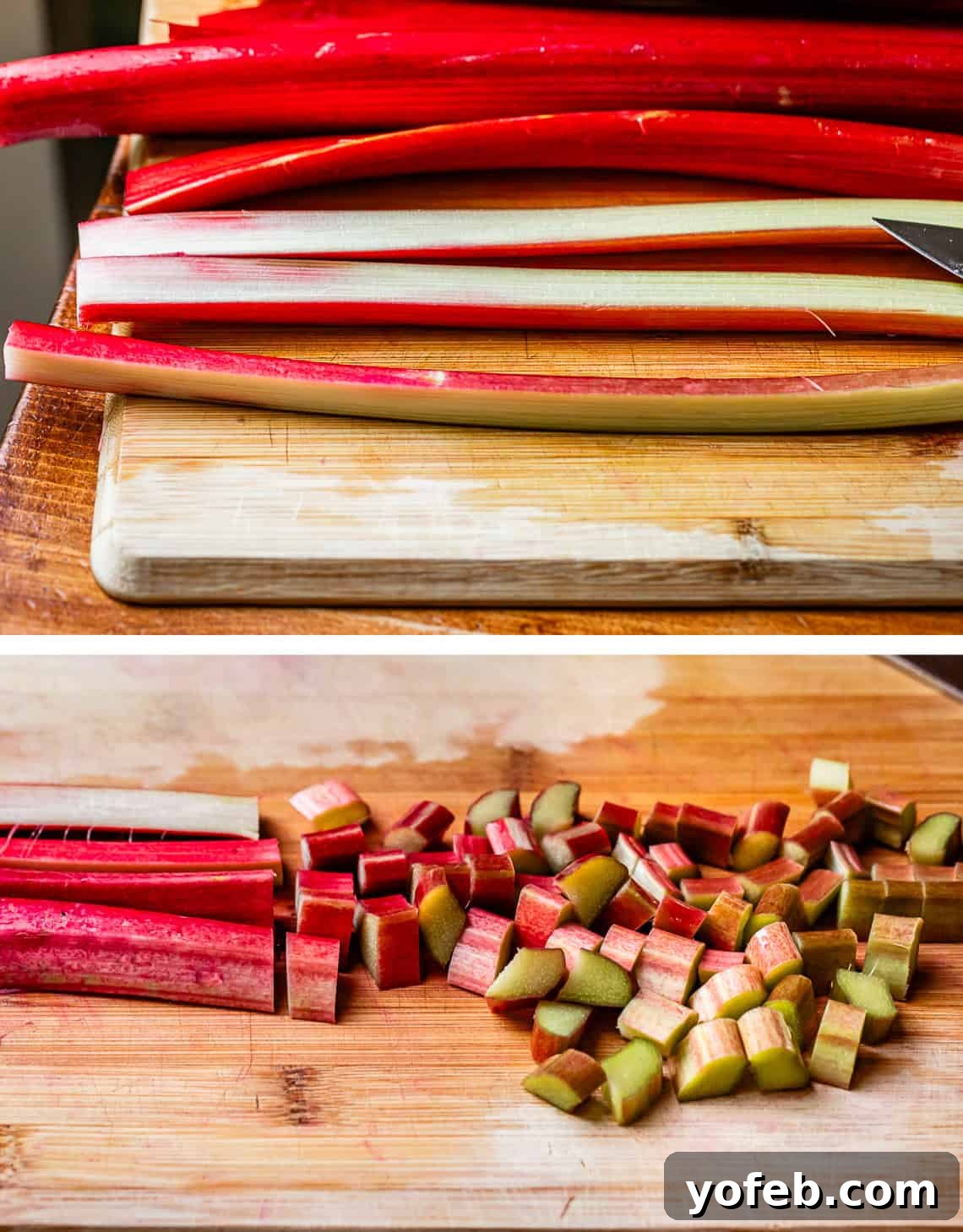 Summer's Sweet & Tart Strawberry Rhubarb Pie 11 top pic: several stalks of rhubarb sliced lengthwise, bottom: the sliced stalks being cut perpendicular into cubes.