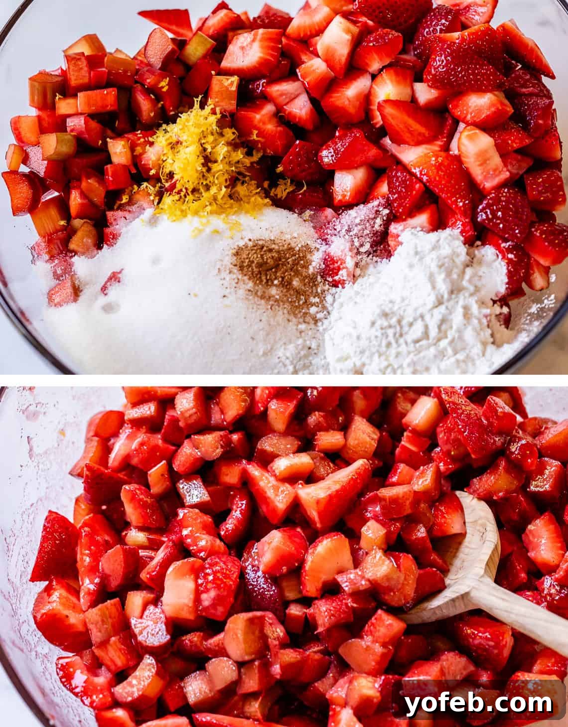 Summer's Sweet & Tart Strawberry Rhubarb Pie 14 top pic: pie strawberry, rhubarb, sugar and more unmixed in glass bowl, bottom everything all mixed.