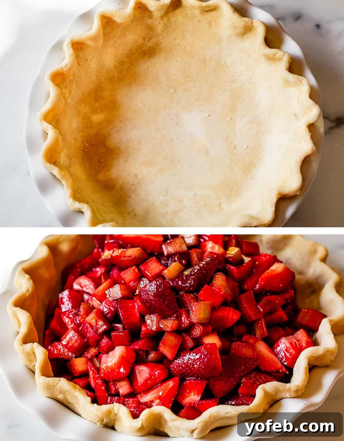 Summer's Sweet & Tart Strawberry Rhubarb Pie 15 top pic: pie shell fluted in pie pan, bottom: strawberry rhubarb filling poured into shell.