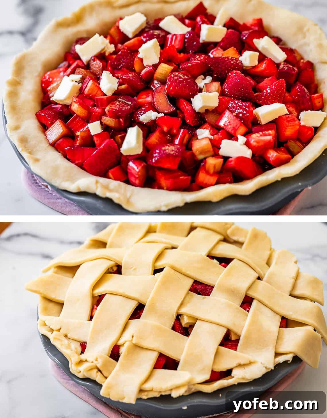 Summer's Sweet & Tart Strawberry Rhubarb Pie 16 top pic: butter dotting top of filling in crust, bottom lattice crust laid on top.