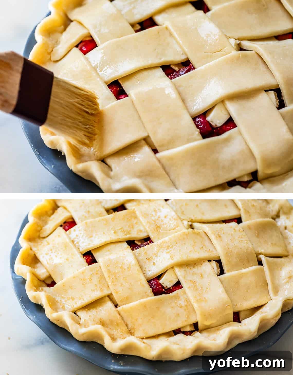 Summer's Sweet & Tart Strawberry Rhubarb Pie 17 top pic: pastry brush spreading milk over lattice crust, bottom sugar sprinkled over top.