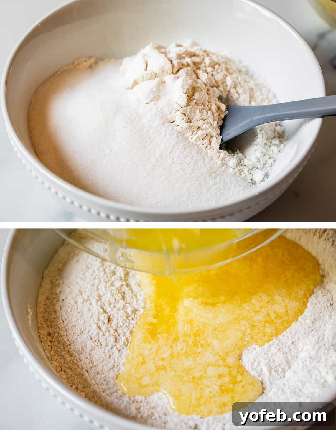Summer's Sweet & Tart Strawberry Rhubarb Pie 18 top pic: flour and sugar in a ceramic bowl, bottom melted butter being poured into bowl.