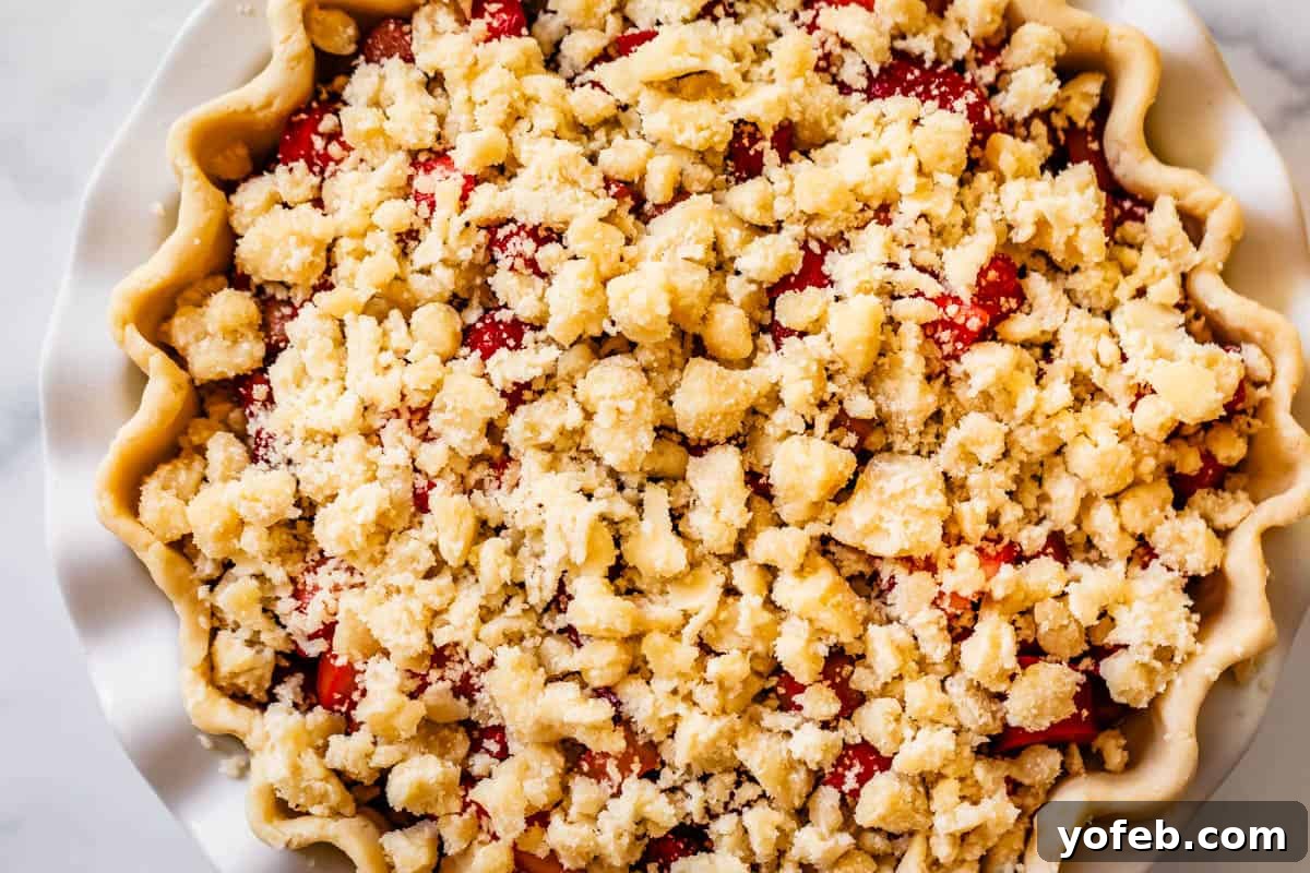 Summer's Sweet & Tart Strawberry Rhubarb Pie 20 looking down at a strawberry rhubarb pie with crumble on top ready to bake.